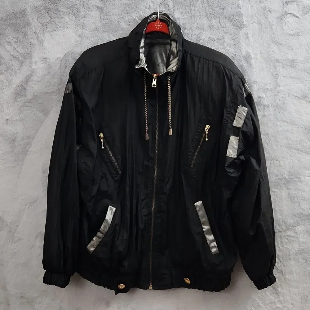 Vintage Reversible Black Metallic Windbreaker Jacket Full Zip Oversized